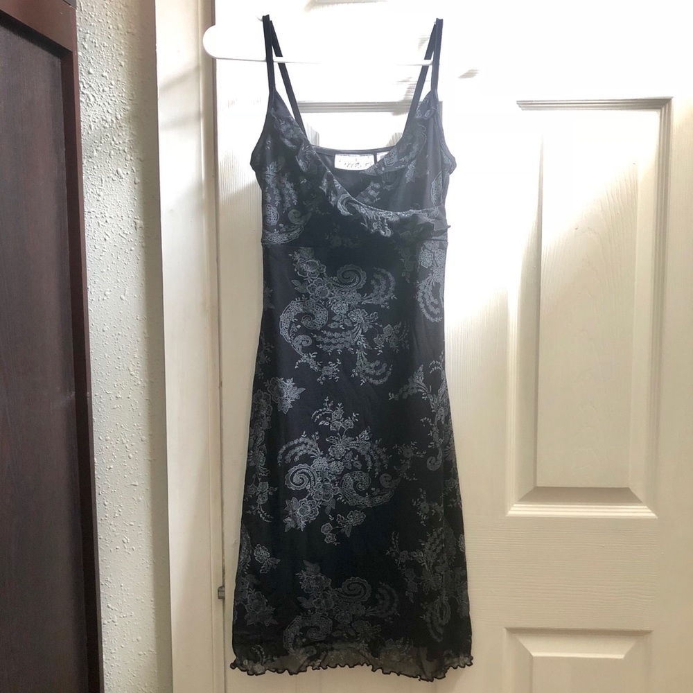 Fitted Black Slip Dress with Silver Floral Print